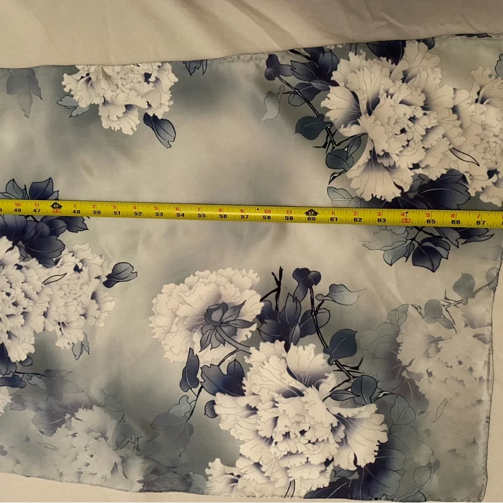 100% Silk Hand Stitched Floral Blue and Gray Oblong Scarf